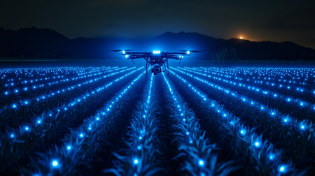 Drone flying over a field of corn at night. Future technology concept.の写真素材