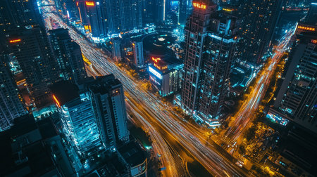 Aerial view of urban traffic in a city at night.