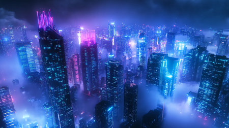 Foggy cityscape with skyscrapers and neon lights. 3D rendering