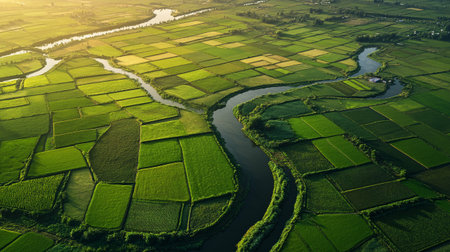 Aerial view of green paddy field with river at sunset.の写真素材