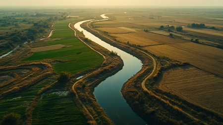 Aerial view of the river flowing through the fields at sunset.の写真素材
