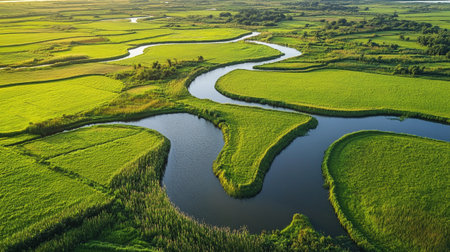 Aerial view of green field and river. Nature landscape background.