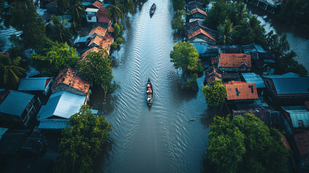 Aerial view of floating village in the Mekong Delta, Vietnamの写真素材