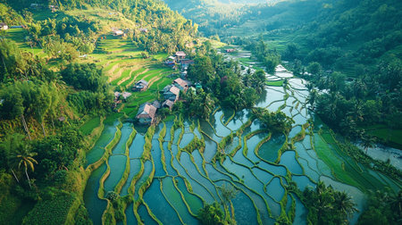 Aerial view of green rice terraces in Bali, Indonesiaの写真素材