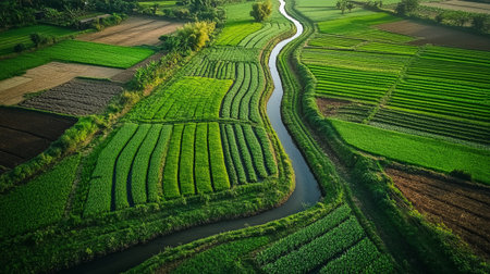 Aerial view of green tea plantations in the morning, Thailand.
