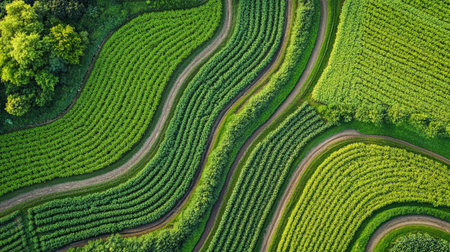Aerial view of green tea plantation in the countryside of Thailand.の写真素材