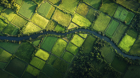 Aerial view of a river in the middle of a green field