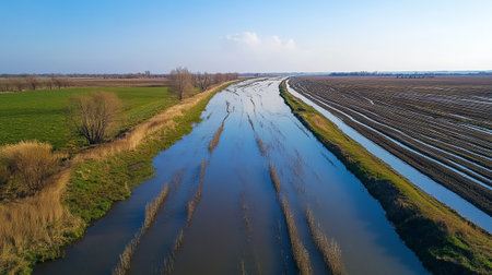 Aerial view of a canal passing through a rural landscape
