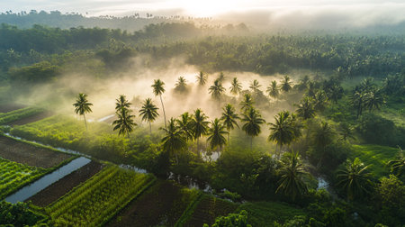 Aerial view of sugarcane plantation in the morning, Bali, Indonesiaの写真素材