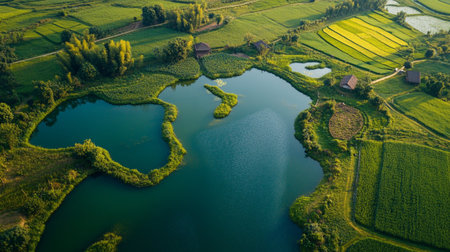 Aerial view of a lake in the middle of a beautiful green fieldの写真素材