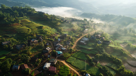 Aerial view of tea plantation in morning at Mu Cang Chai, YenBai, Vietnamの写真素材