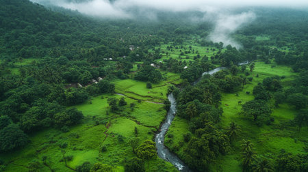 Aerial view of a valley with a river flowing through the jungle