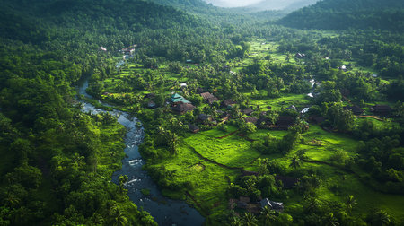Aerial view of village and river in the jungle, Thailand.の写真素材