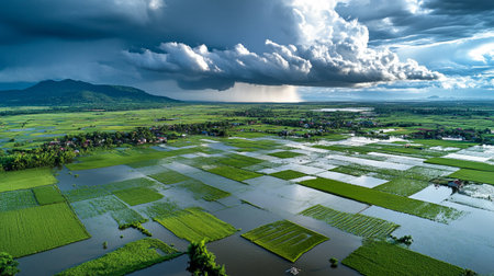 Aerial view of rice field with stormy sky in Thailand.