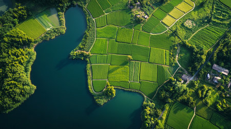 Aerial view of green agricultural fields and lake. Rural landscape.