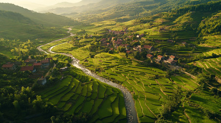 Aerial view of green rice terraces at sunset in Sapa, Vietnam
