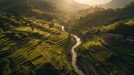 Aerial view of green rice terraces with small river in Vietnam