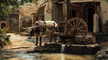 Waterwheel and buffalo in the indian village of Jaipurの写真素材