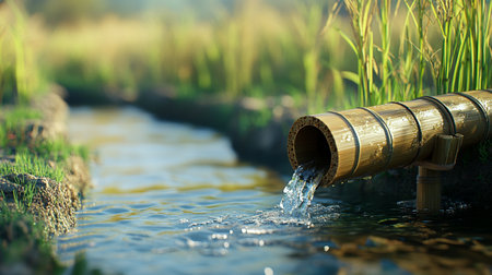 Water from the pipe in the rice field in the morning light.