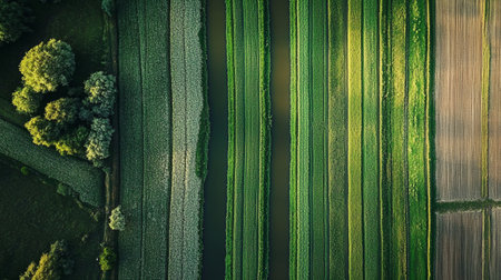 Aerial view of green agricultural fields and meadows in Poland.