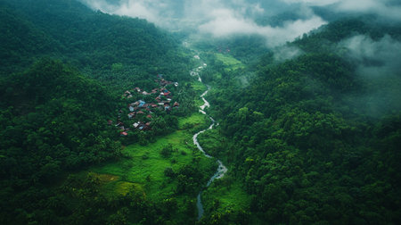 aerial view of a small village surrounded by lush green rainforest