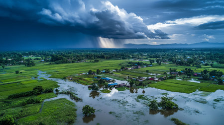 Rice field and rain storm in the rainy season, Thailand.の写真素材