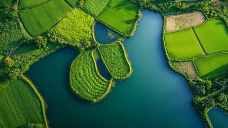 Aerial view of green agricultural fields and blue lake in Poland.の写真素材