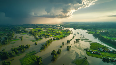 Aerial view of river and forest in the countryside at sunset.