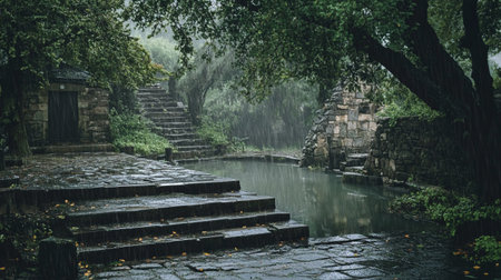 Walking path in the park with old stone stairs and small river