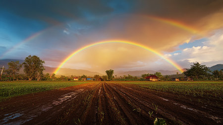 Rainbow over the field after the rain at sunset, Thailand.