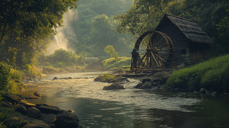 Water mill on the river in the morning. Beautiful nature landscape.