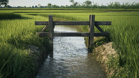 Old wooden bridge over a small canal in a rice field in Thailand