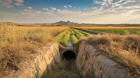 Panoramic view of cornfield with irrigation canal and mountains in backgroundの写真素材