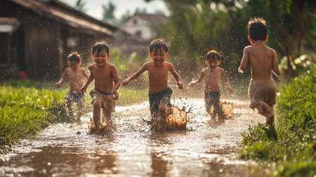 Group of children playing in the puddle with water splashes.