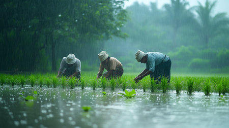 Farmers are planting rice seedlings in the rice field in rainy season.の写真素材