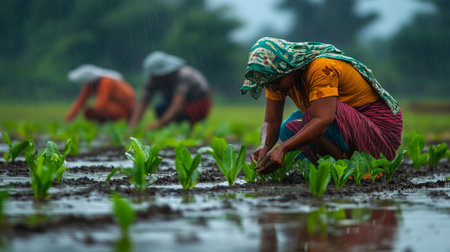 Farmer working on rice field in the rainy season, Thailand.の写真素材