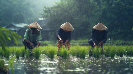 Rice farmers are working in the rice field in the rainy season.