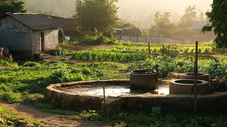 Water in the vegetable garden in the morning at Doi Mae Salong, Chiang Rai, Thailand