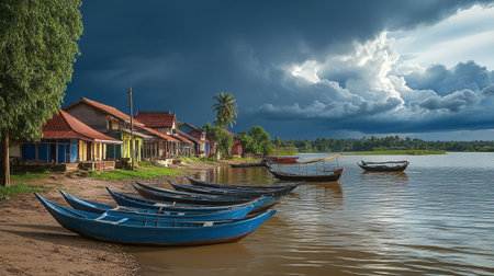 Fishing boats on the shore of the river in Laosの写真素材