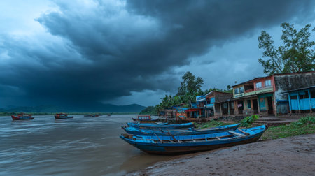 Fishing boats on the bank of the Mekong River, Laos