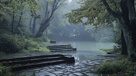 Autumn landscape with river and stone stairs in foggy forest.
