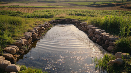 Small canal in the meadow with green grass and stones in the eveningの写真素材