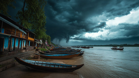 Tropical rain storm over the river with wooden boats in Thailand