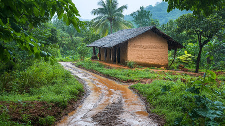 Country road in the jungle with a hut and palm trees in backgroundの写真素材