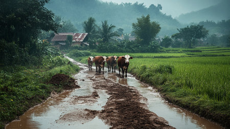 Cows on the rice field in the rainy season in Vietnam.