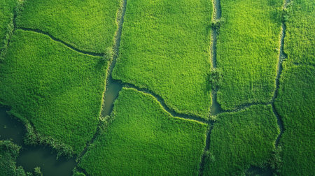 Aerial view of green rice fields in the countryside of Thailand.