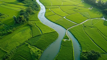 Aerial view of green paddy rice field in countryside of Thailand