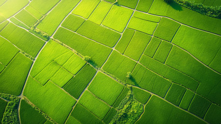Aerial view of green rice fields in the countryside of Thailand.の写真素材