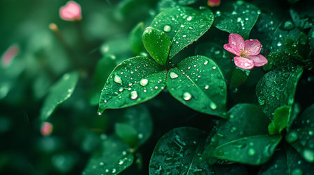 Rain drops on green leaves with shallow depth of field. Nature background