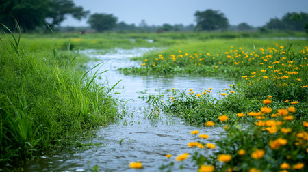 Flower meadow and water stream in the countryside of Thailand.の写真素材